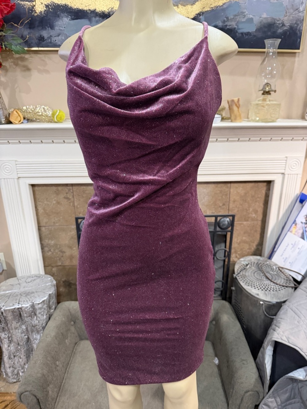 iris Plum Sparkle Cowl Neck Mini Dress